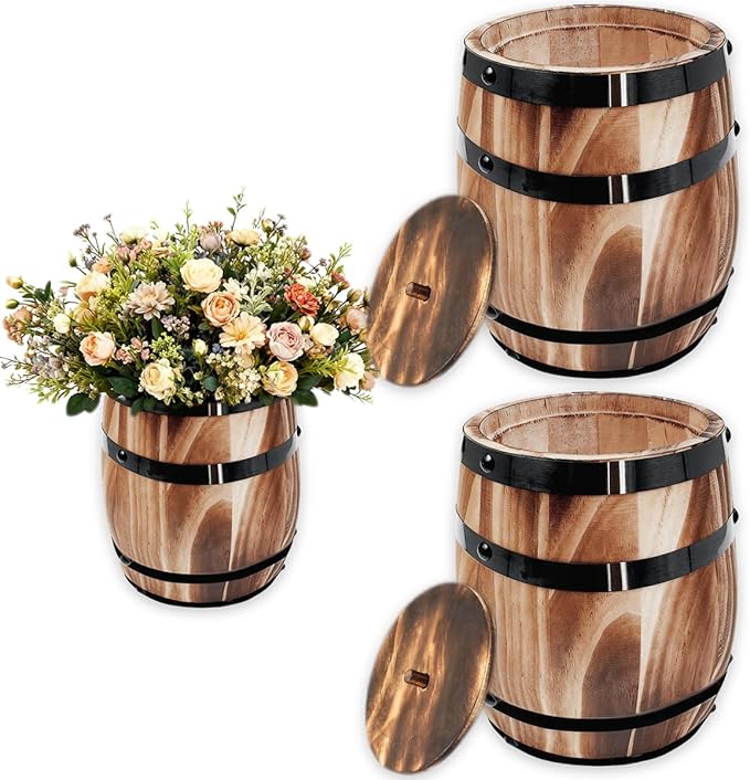 Sunmuliiiy2Pcs Wood Wine Barrel Vase 8" x 6.5" Rustic Wooden Flower Vase Rustic Barrel Barrel Planter for Wedding Reception Table Decoration Home Indoor Outdoor Garden, Kitchen, Party Table Decoration