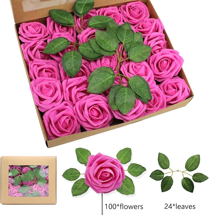 Artificial Roses Flowers 100pcs Fuschia Real Looking Foam Fake Roses with Stems for DIY Wedding Bouquets Bridal Shower Centerpieces Party Decorations (100, Rose Red)