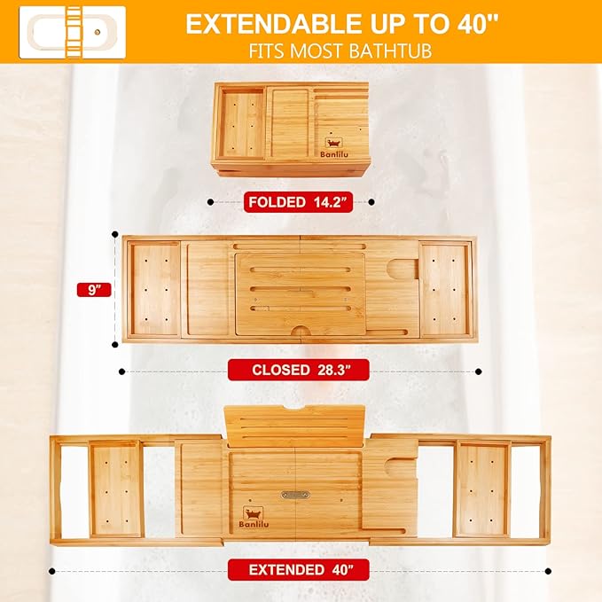 Premium Bathtub Tray Caddy - Bath Tray Bamboo Expandable - Bath Tub Tray Table for Bathtub - Expandable Size, Fits Most Bath Tubs - Natural Bamboo Wood