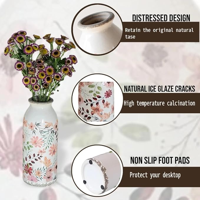 Ceramic Small Vase, Rustic Farmhouse Vintage Flower Vase for Home Decor, Floral Centerpiece for Table, Shelf, Mantle,Living Room,Kitchen, Office,Boho Chic Gift Idea for Christmas, Housewarming