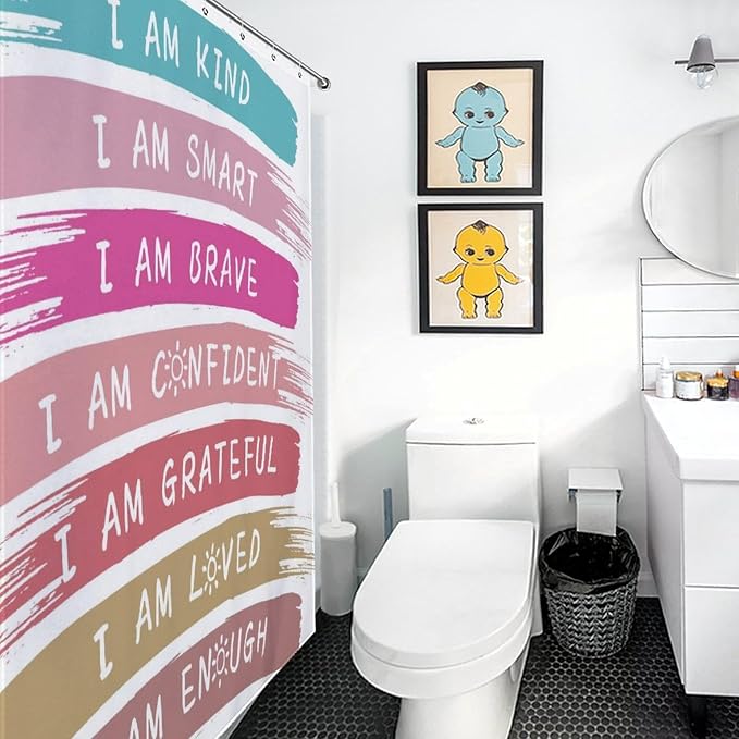 Rainbow Shower Curtain, Kids Girls Baby Boho Cute Inspirational Motivational Quotes Bohemian Cartoon Colorful Pastel Waterproof Fabric Bathroom Shower Curtain Set with Hooks, 72"x72" Inch