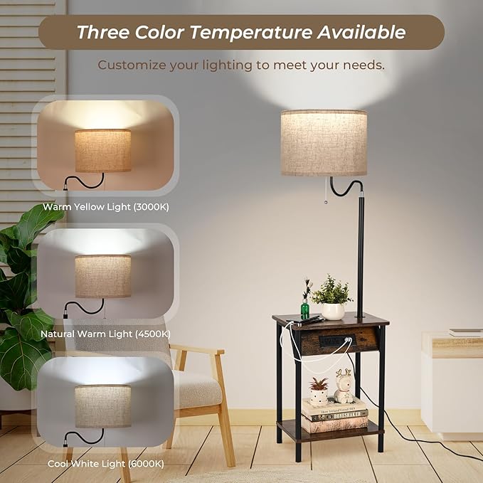 FIMEI Floor Lamp with Table, End Table with Charging Station USB Ports & Outlets, Bedside Table 3 Color Temperature Reading Light, Nightstand with Shelves for Living Room, Bedroom, Apartment