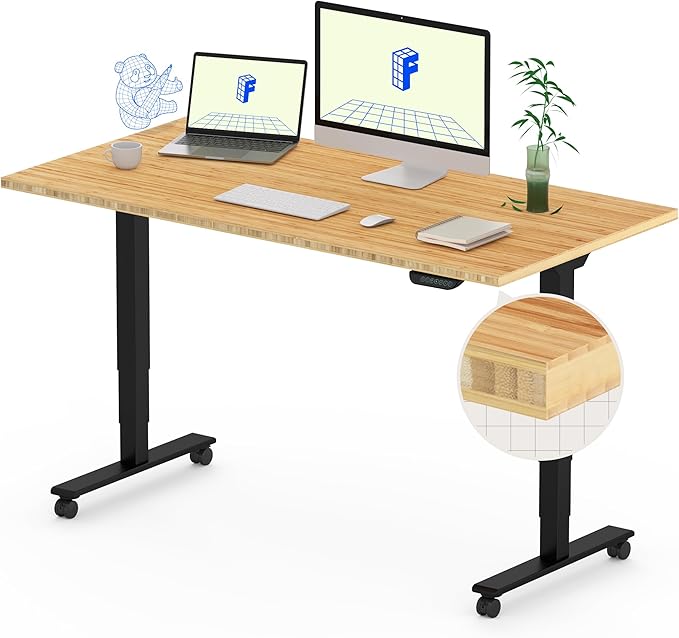 FLEXISPOT E6 MAX Bamboo Dual Motor 3 Stages Standing Desk 48x24 Inch Whole-Piece Board Electric Height Adjustable Stand Up Desk 150KG Load Capacity(Black Frame + Bamboo Desktop)