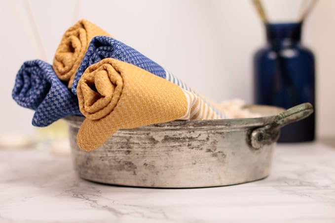 Boho Striped Turkish Hand Towels Set of 2 | 100% Cotton, 16 x 40 Inches | Decorative Bathroom Hair Face Gym Yoga Dishcloth Tea Kitchen Light Weight Quick Dry Farmhouse Towel (Mustard)