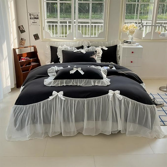 Girls Lace Bedding,Queen Comforter Cover Set, Chic Ruffled Duvet Cover with Lovely Bow,Princess Style 1 Duvet Cover with 2 Pillowcases, No Comforter-Black,Queen Size
