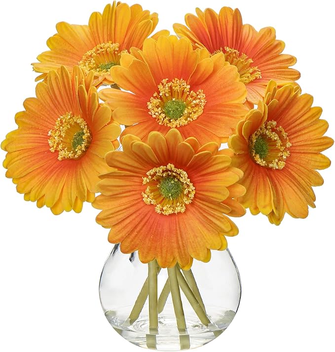 Briful Gerbera Daisy Artificial Flowers, Fake Flowers in Glass Vase with Faux Water,Real Touch Silk Flowers with Stem for Home Bookshelf Tabletop Bathroom Decorations,Orange