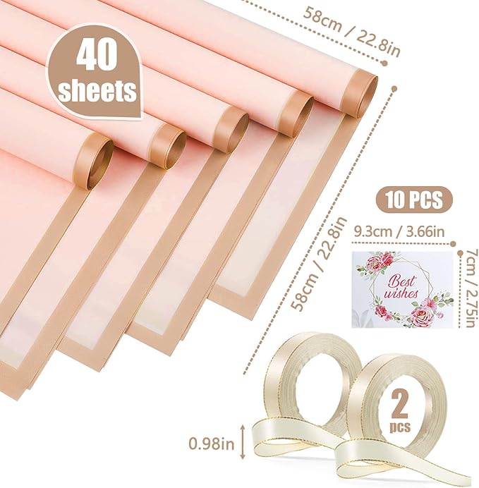Luerbi 40 Sheets Pink Flower Wrapping Paper, Gold Edge Waterproof Floral Wrapping Paper, 22.8x22.8 inch Bouquet Paper Wrap with 2 Rolls Ribbon for Wedding Birthday Gift DIY Crafts Florist Supplies