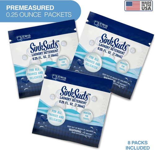 SinkSuds Laundry Detergent - Travel Size Liquid Soap | TSA Compliant, Safe for All Fabrics, 8 Packets