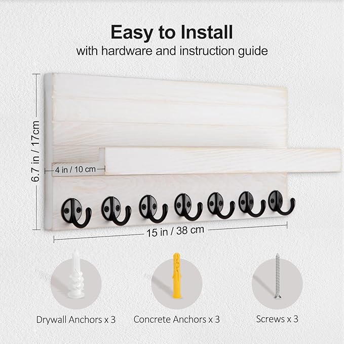 Lwenki Key Holder Wall Mount, Entryway Key and Mail Holder with 7 Sturdy Hooks for Sunglasses, Dog Leash, Decorative Wall Shelf with Mounting Hardware, 15”W x 6.7”H x 4.2”D