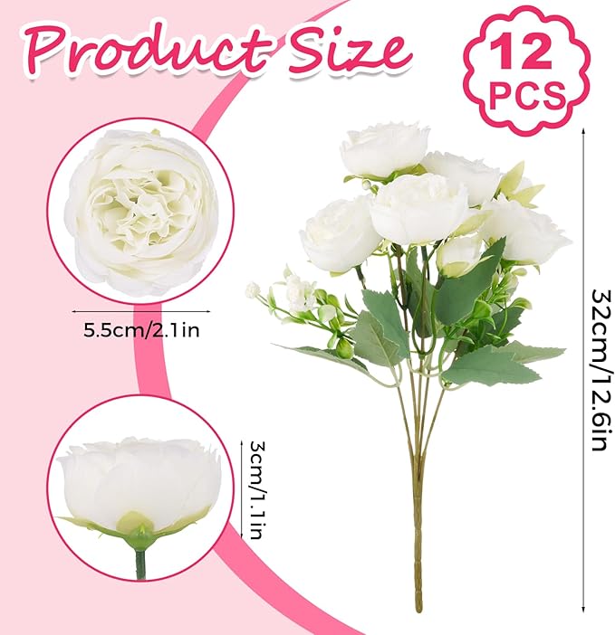 Olgaa 12 Bundles Peonies Artificial Flowers Artificial Peonies Silk Flowers Bulk Fake Peony Bouquet for Bridal Shower Decorations Wedding Table Centerpiece (White)