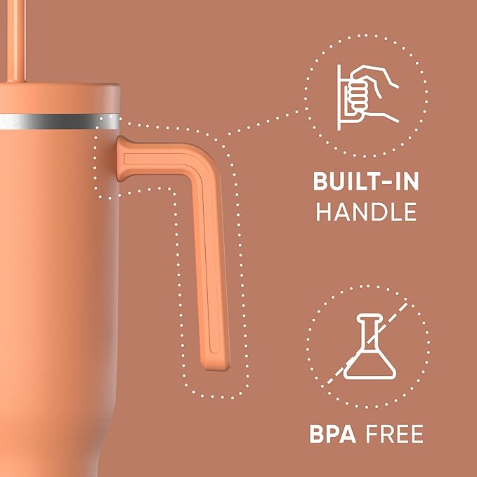 Hydrapeak Voyager 40 Oz Stainless Steel Tumbler with Handle, Insulated Water Bottle With Straw & Lid, Cupholder Friendly Reusable Travel Mug (Apricot Crush)