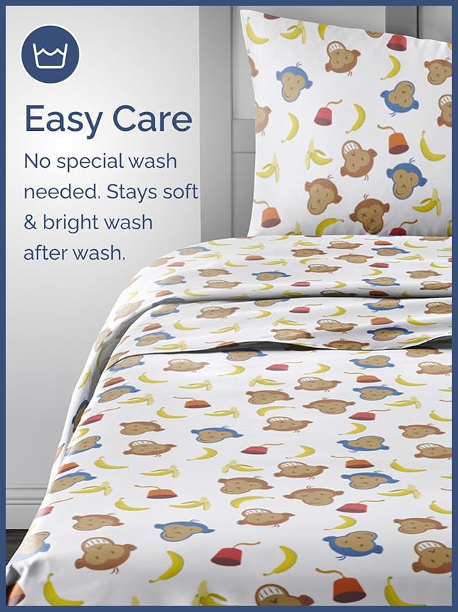 Kids Full Size Monkey Bed Sheets - 4 Piece Monkey Sheet Set - Cartoon Banana Bedding - Ultra-Soft, Cute & Cozy - Comfy, Breathable & Machine Washable - Animal Bed Set for Boys, Girls, Teens & Toddlers