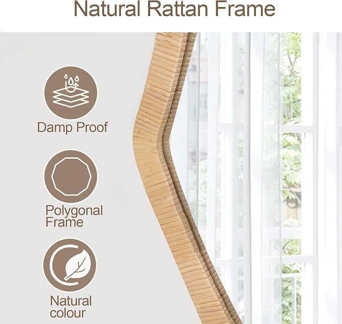 ULIKE Rattan Wicker Mirror for Bathroom, 24 Inch Boho Woven Decorative for Wall, Rustic Farmhouse Vanity Mirror, Geometric Rattan Mirrors for Living Room Entryway Bathroom Bedroom