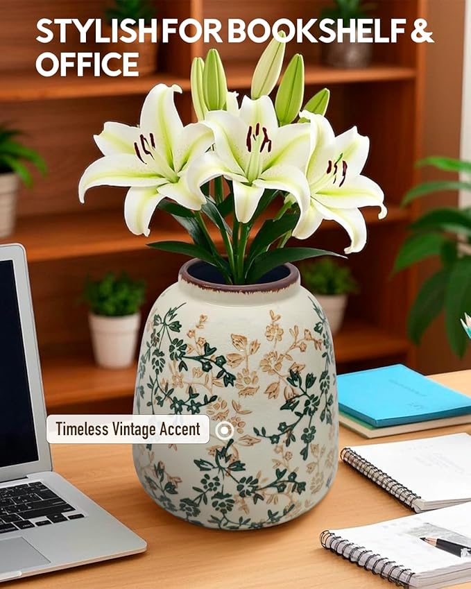 Vintage Ceramic Flower Mini Vase Home Decor - Tabletop Rustic Vase for Decor Living Room Bookshelf Office Kitchen Cottage, White Vases for Bouquet, Chinoiserie | Grand Millennial | 6.1inch