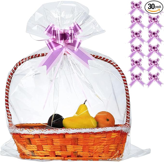 30 Packs 32” x 40” Gift Wrap Cellophane Bags for Basket Extra-large Jumbo Clear Cellophane Wraps Clear Huge Cello Bags for Basket, Gift, Christmas Tree, Treat, Art and Craft, 30ct Purple Ribbon Bows