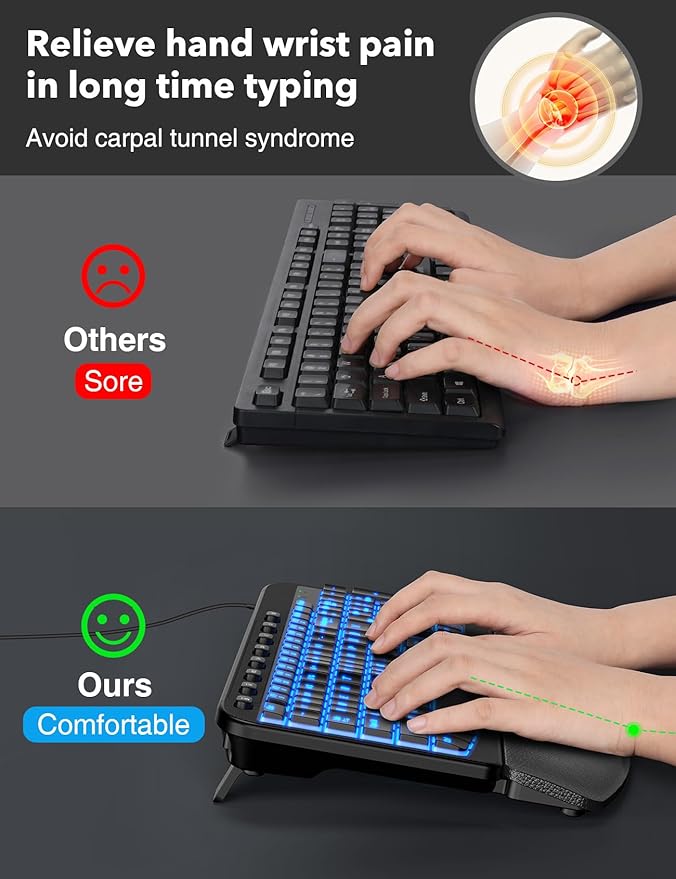 SABLUTE Ergonomic Keyboard, USB Wired with Cushioned Wrist & Palm Rest, 7-Color Backlit Adjustable Brightness for Windows, macOS, Desktop, Laptop & PC