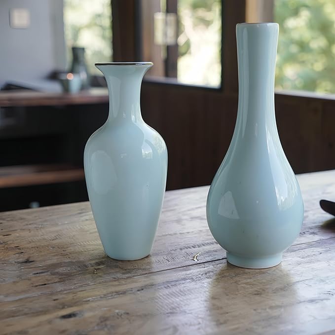 Vase Set of 2 – Handmade Ceramic Flower Vases (8in & 6in), Sage Jade Green Pottery Home Decor for Japandi or Modern Farmhouse Style