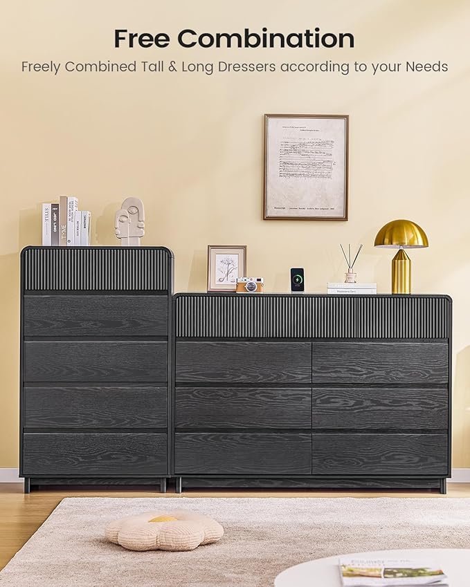 AOGLLATI Modern Wood 9 Drawer Dresser for Bedroom, 55" Long Fluted Double Dressers & Chests of Drawers with Curved Profile Design for Bedroom,Black