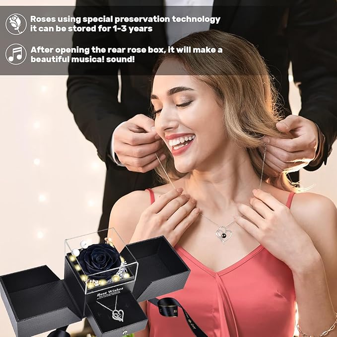Christmas Birthday Gifts for Women - Preserved Real Rose with I Love You Heart 100-Language Necklace, LED Lights & Music Gift Box, Christmas for Women Girlfriend Mom