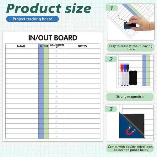 Lincia In/Out Dry Erase Board - 13" x 12" Frameless Employee Planner with Marker & Eraser