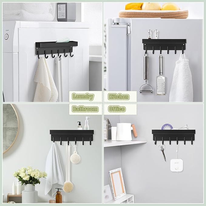 VIS'V Magnetic Key Holder Wall Mount, Compact Metal Key Rack with Tray, 6 Hooks, 2 Mount Options, Black
