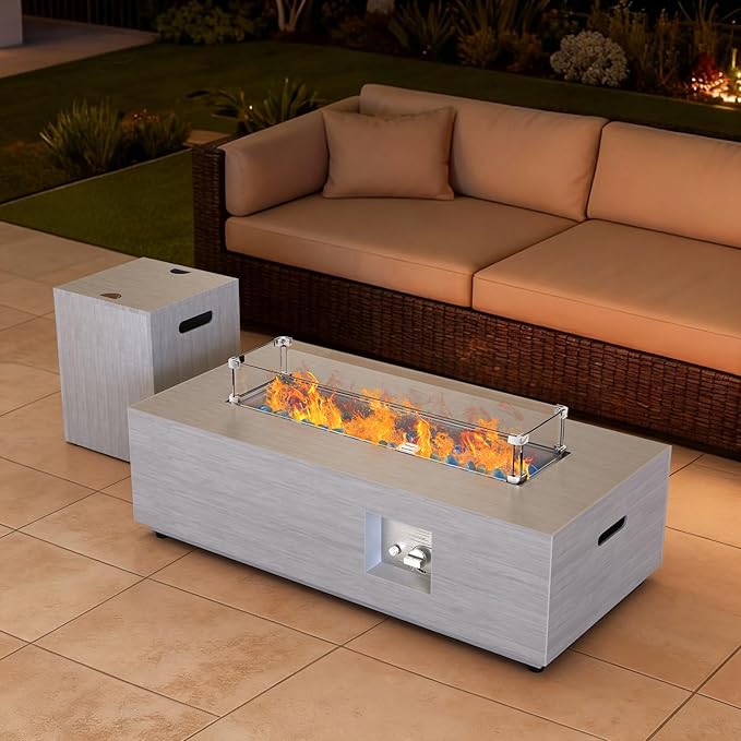 2-Piece 42" Rectangular Propane Fire Pit for Outside Patio with Hidden Tank Table, 50,000 BTU Fireplaces with Glass Wind Guard, Lid, Glass Rocks, Cover(Light Grey)