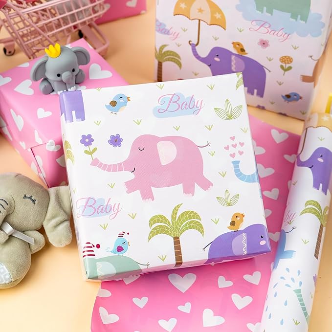 Homeral Girl Baby Shower Wrapping Paper Roll - Baby Elephant & Pink Heart Pattern, Reversible Newborn Gift Wrap for 1st Birthday, Party - Mini Roll - 17 Inch x 33 Feet