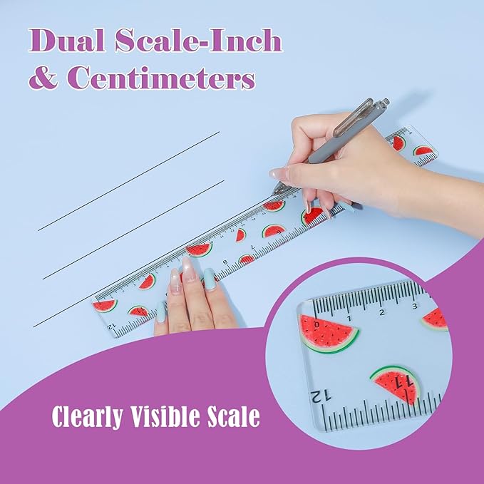 BAYTORY 4Pcs Transparent Acrylic Ruler 12 Inch, Clear Plastic Straight Rulers, Shatterproof Student Stationery Centimeters with Inches, for Classroom Essentials School Supplies (Fruit)