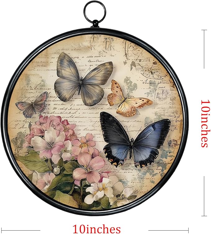 XIAOAIKA Round Vintage Wall Hanging Decor, Printed Textured Surface with Wood Back, Butterfly Design, Black Metal Frame, Ready to Hang for Living Room Bedroom, 10 Inch