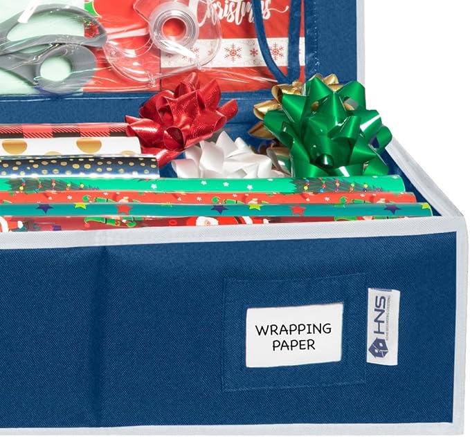 HOLDN’ STORAGE Premium Wrapping Paper Storage Container - Durable 600D Tear-Proof, Fits 27 Rolls Gift Wrap, Extra Pockets for Ribbons & Bows, Underbed Storage - Ideal for Holiday Christmas, Blue