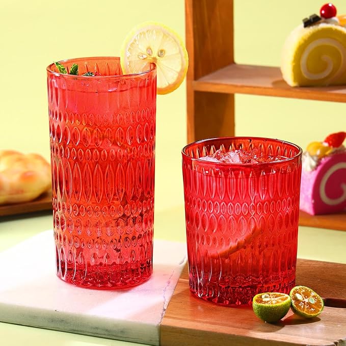Loivttvv Glassware Drinking Glasses Set of 8, 14 oz Highball Glasses & 10 oz Ribbed Glass Cups, Vintage Glassware for Water, Juice, Cocktail (Christmas Red)