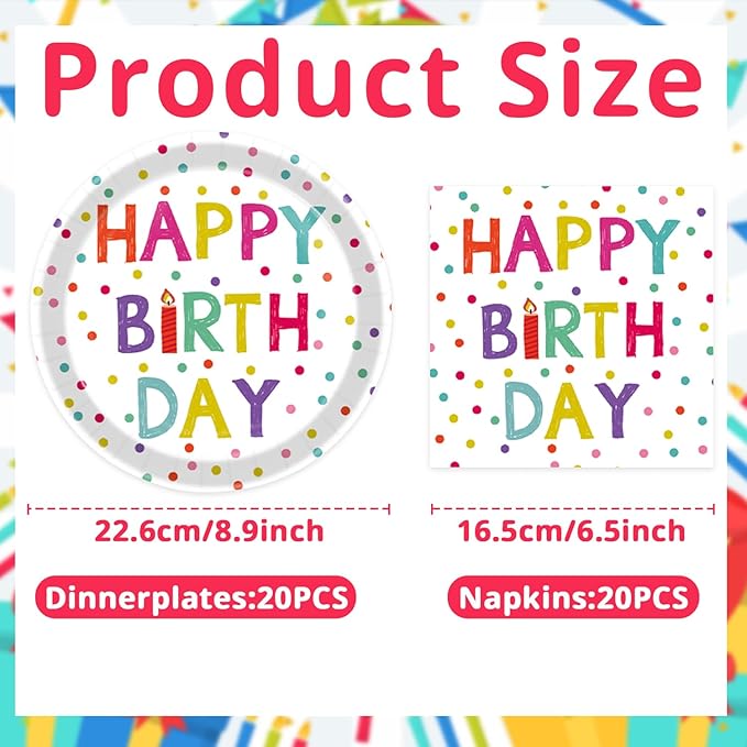 T-Antrix 40 Pcs Birthday Plates And Napkins Party Supplies, Disposable Happy Birthday Dots Design Paper Tableware Set Party Decoration Serves 20