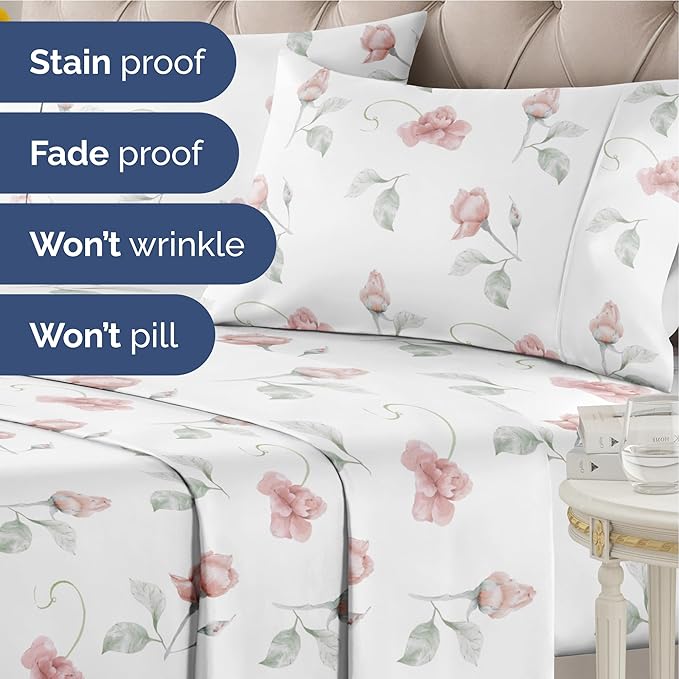 Floral Sheets - Floral Rose Bed Sheet Set - 1 Flat, 1 Fitted & 1 Pillowcase w/ Deep Pockets - Comfy, Wrinkle & Fade Free - Boho Botanical Bedding - Ultra-Soft, Breathable & Cooling - Twin XL Size Set