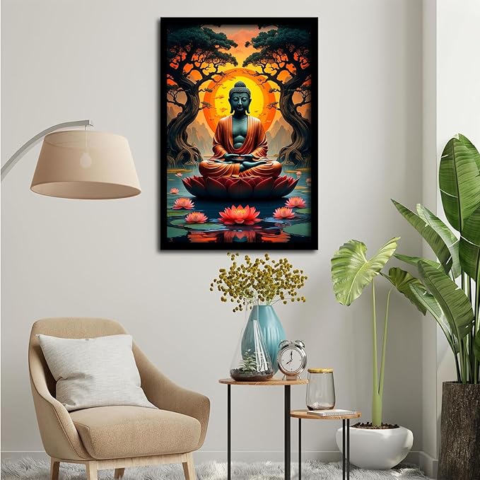 Canvas wall art Golden Buddha on lotus at sunset Ancient trees with reflections on water Serene meditation scene Uplifting wall art for mindfulness and tranquil home decor 24x36in Metal blackFramed