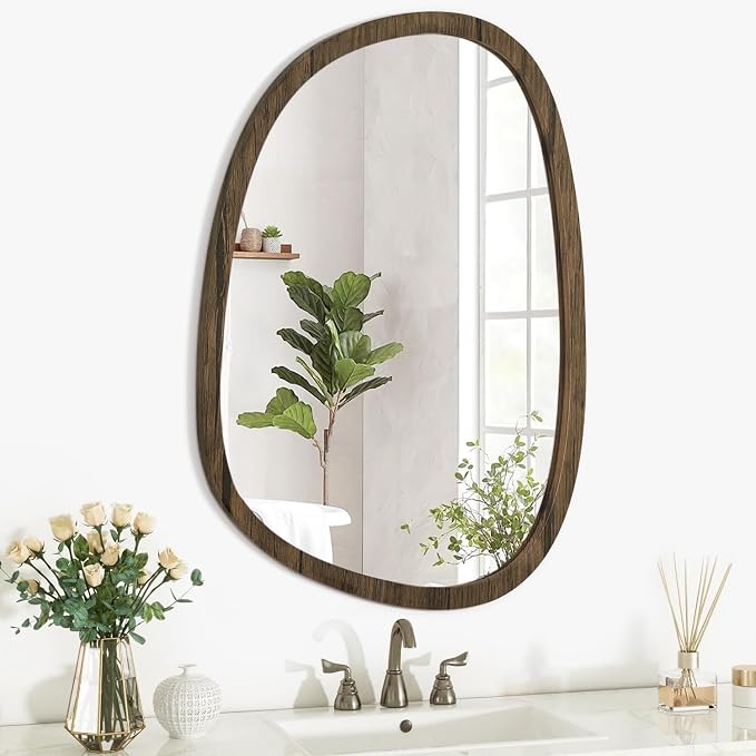Brown Irregular Mirror for Wall Decor Modern Asymmetrical Wooden Framed Wall Mirror Unique Shape Vanity Artistic Oval Mirror Decorative for Bedroom Bathroom Living Room Entryway Hallway Large