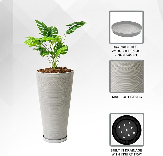 XBrand Modern 28-Inch Tall Round Planter, Modern Tapered Planter Perfect for Indoor & Outdoor Planter, Patio Décor, Set of 2, Gray