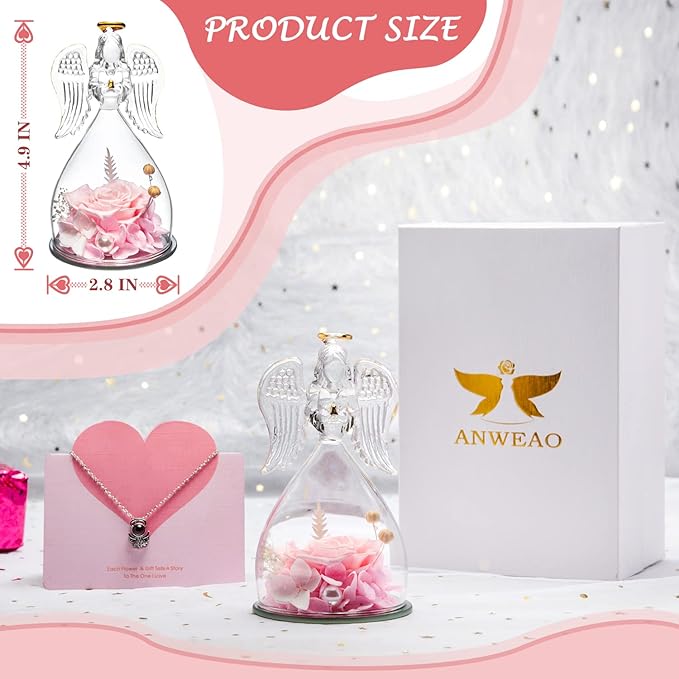 ANWEAO Women Gifts for Christmas Preserved Rose Forever Flower in Glass Angel Figurines Fresh Flowers for Delivery Prime Gifts for Mom, Real Pink Roses Gift for Grandma Mom Sister Wife Her
