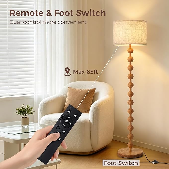 62" Vintage Farmhouse Floor Lamp for Living Room,3 Color Temperatures & Dimmable,Rustic Standing Lamp with Remote & Foot Switch,Retro Wood Grain Tall Floor Lamp for Bedroom Office Corner(Natural Wood)
