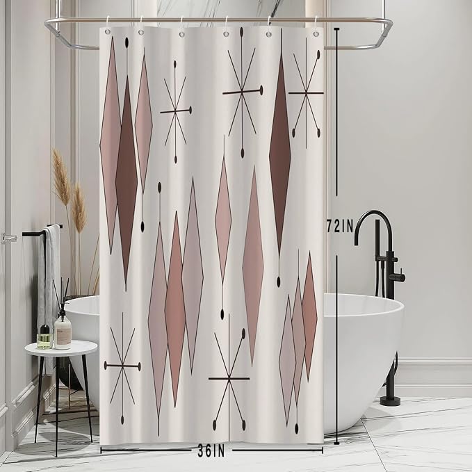 Mid Century Shower Curtain Abstract Light Brown Diamond Geometric Atomic Starburst Pattern Beige Backdrop for 1950s Retro Bathroom Decor Shower Curtain Set with 12 Hooks, 36x72 Inches