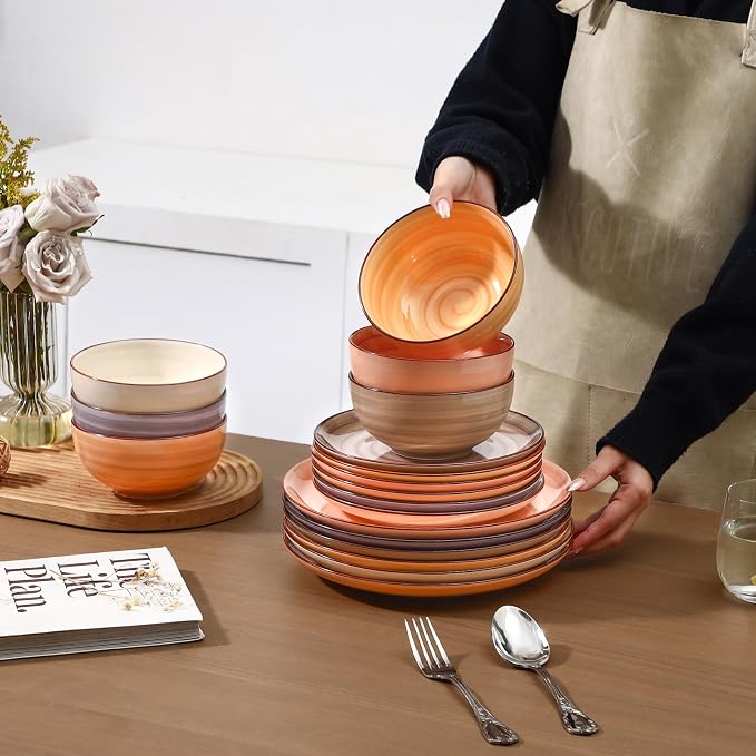 Selamica Ceramic Plates and Bowls Sets,18 Pieces Dinnerware Sets for 6,Dishwasher & Microwave Safe dish set,Family & Holiday Dining, Maillard