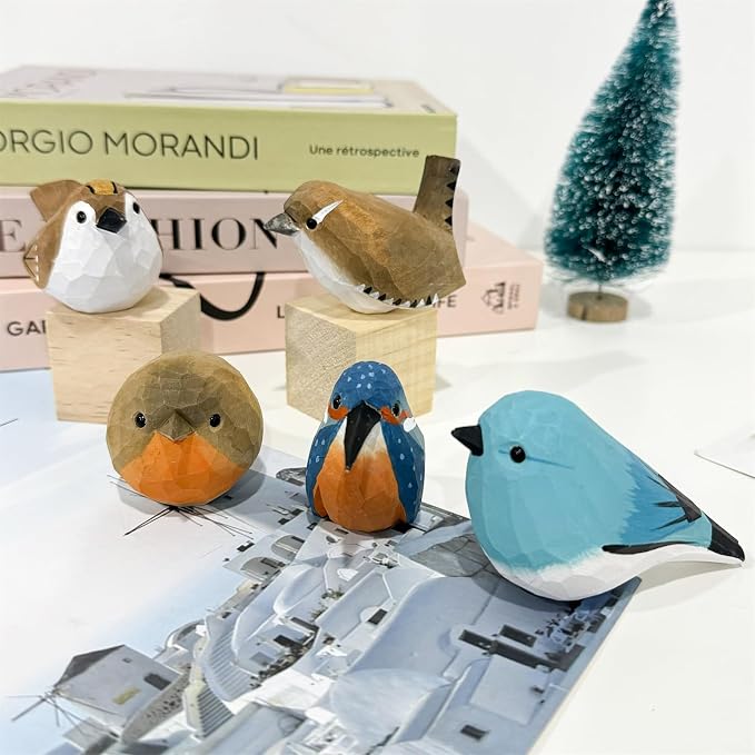 Hand Carved Painted Wooden Birds for Home Decor, Bird Statue for Lovers, Housewarming, Birthday, Christmas, Anniversaries (Blue Robins)