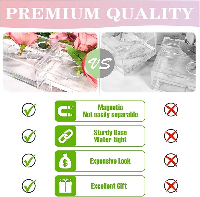 PaulTellie Acrylic Flower Vase Rectangular 4 Pack - Clear Floral Centerpiece for Dining Table Each 14 Inches, Connect to Form 56 Inches Long Rectangle Acrylic Vase for Home Wedding Dining Table Decor