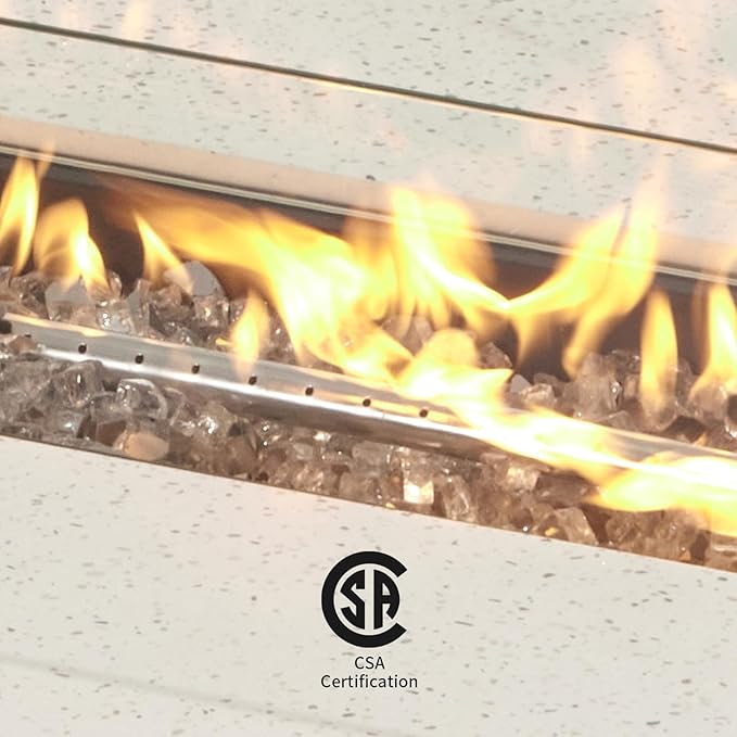 COSIEST Outdoor Propane Fire Pit Table, 56" x 28" Rectangle Terrazzo White Concrete-Like Finish, Certified, 50,000 BTU Stainless Steel Burner w Transparent Gray Fire Glass, Wind Guard, Raincover