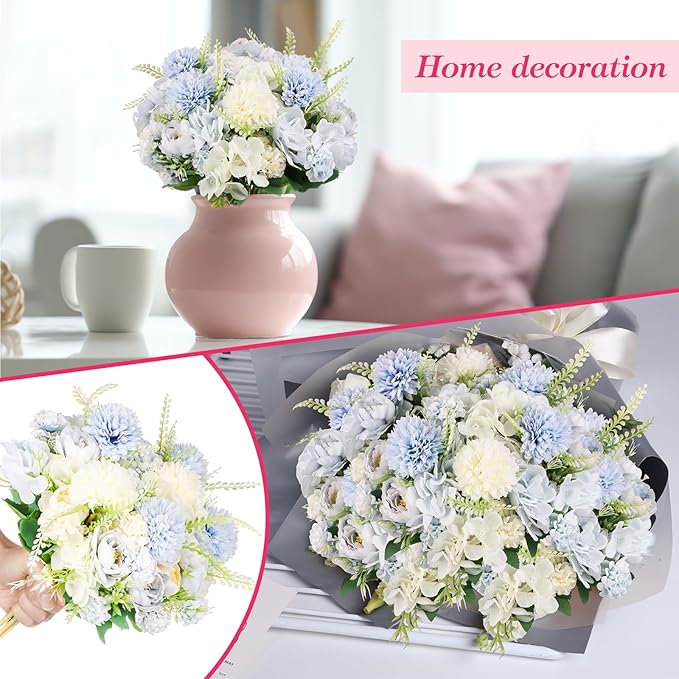 Olgaa 12 Bundles Peonies Artificial Flowers Silk Flowers Fake Peony Bouquet Faux Peonies Flowers Bulk for Wedding Decor Centerpiece Table Decorations (Blue White)