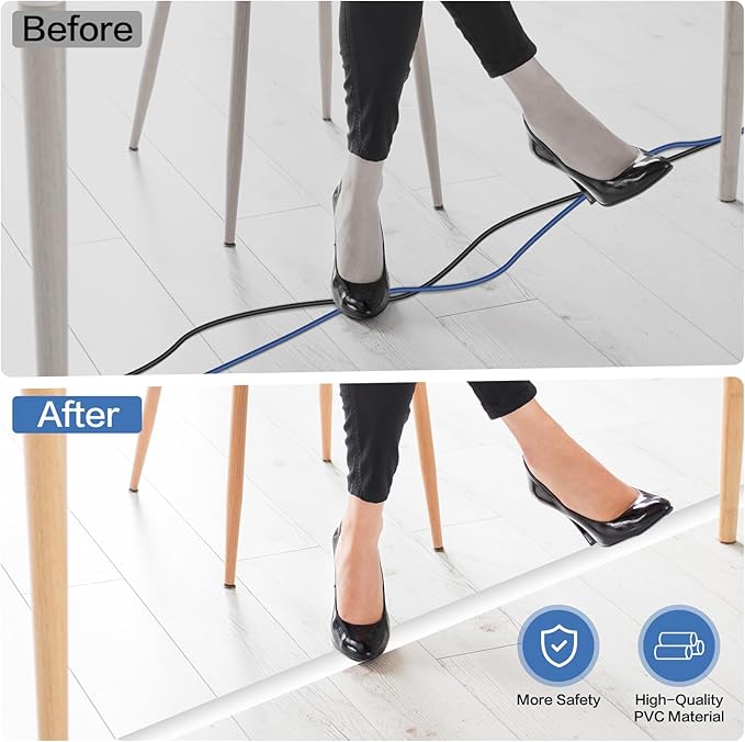 Floor Cord Cover Self Adhesive Cord Hider Floor Extension Cord Covers for Floor Power Cord Protector Cable Management Prevent Cable Trips Cable Cavity 0.59" W x 0.31" H (White, 3.3Ft)