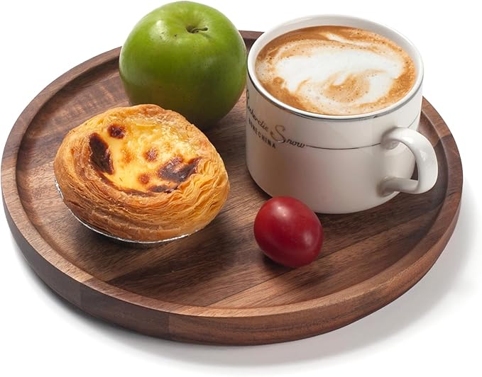 Round Wood Tray, Acacia Wooden Decorative Serving Tray for Coffee Table and Home Decor, Wooden Appetizer Charcuterie Board for Kitchen Countertop (7.9 inch)