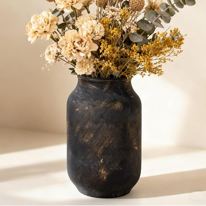 Rustic Ceramic Farmhouse Flower Large Vase, Whitewashed Terra Cotta Vase, Pottery Decorative Flower for Home Decor, Table, Living Room Decoration, Shelf Decor, Mantel, 9.5 Inch, Bronze