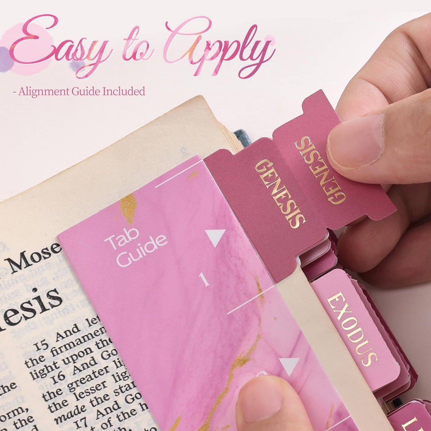 Skiennix Laminated Bible Tabs - Gold Foil Embossed Index Labels for Easy Navigation | 105 Chapters (Pink)