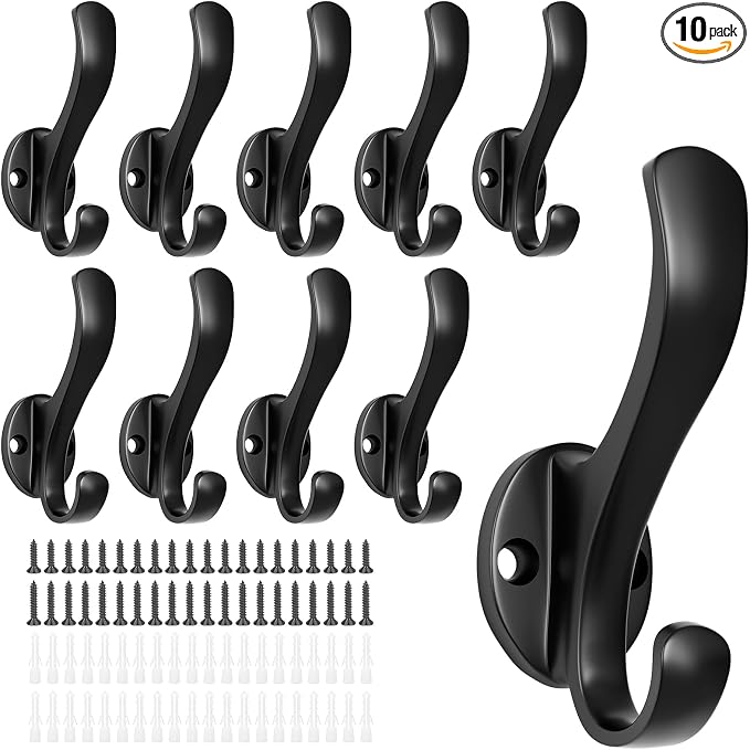 Coat Hooks Heavy Duty - Easy to Install Metal Towel Hooks Screw-in Wall Hooks for Hanging Hat, Towel, Key, Robe, Scarf, Bag, Cap (10 PCS Black)