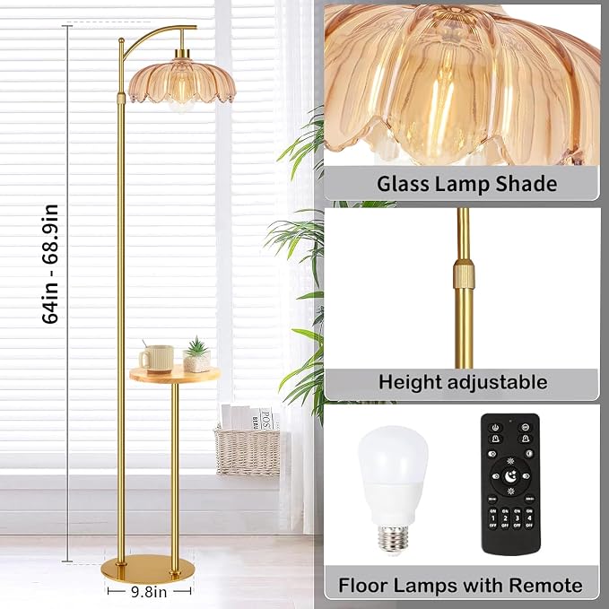 QIYIZM Gold Floor Lamp with Table and Shelves for Living Room Bedroom,Glass Standing Lamp with Remote Dimmable,Boho Brass Tall Lamp Vintage Farmhouse Arc Flower Floor Light Bohemian